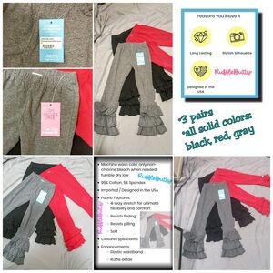 Girl's size 5 Ruffle Butts Bottoms Bundle 3 Pair Flare Pants Red Black Gray